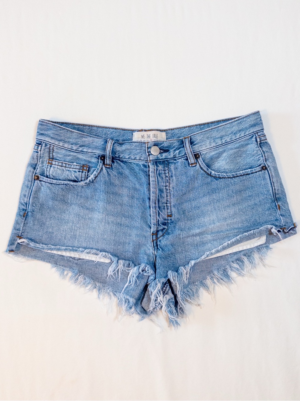 We We The Free Button Fly Denim Micro Shorts Size 28 Blue Raw Hem Low Rise